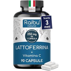 RAIBU Lattoferrina Immuno, 250 mg per Capsula - 3 Mesi di Fornitura - Supporto al Sistema Immunitario - Integratore Alimentare di Lattoferrina Ad Alto Dosaggio con Vitamina C - 90 Capsule
