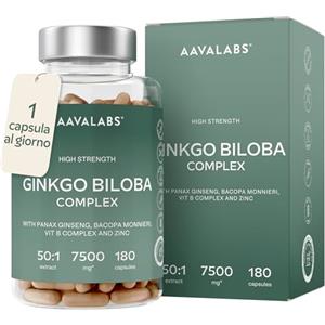 AAVALABS Ginkgo Biloba Integratore 7500mg 50:1 con Ginseng Rosso Coreano, Bacopa Monnieri, Vitamina B Complex, Zinco - Nootropico Integratore Memoria e Concentrazione, Metabolismo, Circolazione - 180 capsule