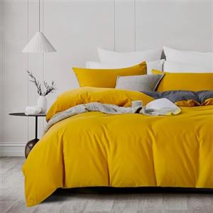 L'Emporio Casa Set Copripiumino Copritrapunta Bicolore Tinta Unita in Cotone 100% Italiano, Effetto Setato, Morbido sulla Pelle- Varie Misure (Giallo - Stone, Matrimoniale 2 Federe)