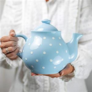 City to Cottage® Teiera Grande con Coperchio e Manico da 1,7l|4-6 Tazze di tè o tisana | Realizzata e Dipinta a Mano in Ceramica | Fantasia a Pois Celeste e Bianco