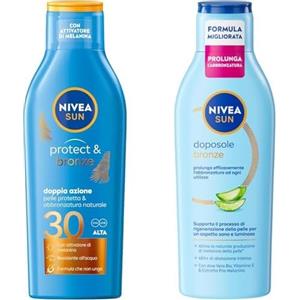 NIVEA SUN Latte Solare Protect & Bronze FP 30 200 ml con attivatore di melanina + NIVEA SUN Doposole Bronze 200 ml, Dopo sole abbronzante corpo e idratante 48h+