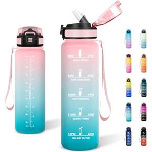 JAPORIA Borraccia Motivazionale 1L, Borraccia con Cannuccia, a Prova di Perdite, Bottiglia Acqua con Indicatore del Tempo, per Ufficio, Scuola, Yoga