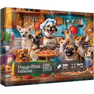 BBOLDIN Dog Puppy Pizza Puzzles for Adults 1000 Pieces, Food Kitchen Jigsaw Puzzle, Animals Funny Puzzles