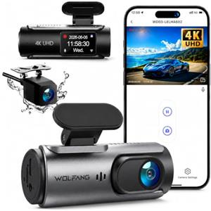 WOLFANG Dash Cam Auto 4K, Doppia WiFi Dashcam per Auto, Telecamera Auto 170° Grandangolo, Visione Notturna,G-Sensor, WDR, Monitor di Parcheggio, Registrazione in Loop