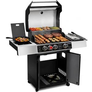 Amig - Barbecue a gas XL Fireplus GRILL-2 4F - 129 x 55 x 115 cm - Superficie di cottura 60 x 41,5 cm - Con termometro, ripiano laterale, armadietto e ruote con freno - Griglia in ghisa - Nero