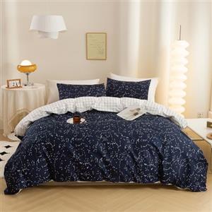 ECOCOTT Set copripiumino per letto matrimoniale, 100% cotone naturale, 1 copripiumino + 2 federe, set di biancheria da letto, blu navy e costellazione cosmica, reversibile, con motivo stampato,