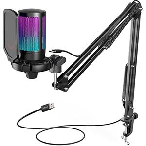 FIFINE USB Microfono PC PS4 PS5, Gaming Micrófono a Condensatore per Streaming Podcasting, RGB Microfoni da Tavolo con Pulsante di Silenziamento