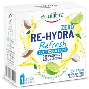 Equilibra Re-Hydra Refresh Zero Zuccheri, Insaporitore Acqua Senza Zucchero, Integratore con Magnesio e Acqua di Cocco, Vitamina D3, Niacina, Equilibrio Elettrolitico, Gusto Cocco e Lime, 12 Stick