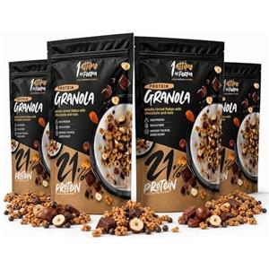 1 ATTIMO IN FORMA | Granola Proteica Cereali Muesli - 20% Proteine 300gr Senza Zuccheri Aggiunti Croccante Colazione Nutriente (Cioccolato Mandorla e Nocciola, 4 Pezzi)