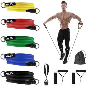 QWORK® 5Pcs elastici fitness di resistenza set, 150LB/68kg Strength, con 2 maniglie in schiuma, 2 cinturini alla caviglia, 1 ancoraggio per porta, per allenamento fisico in palestra