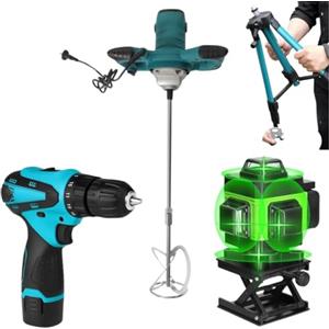 Generico Kit Professionale 3 in 1, Miscelatore Malta e Cemento 1600W 6 Velocità M14 + Livella Laser 4D 16 Linee Autolivellante + Avvitatore con 2 Batterie, Set Completo da Lavoro