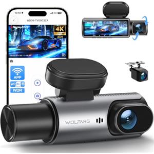 WOLFANG Dash Cam Auto 4K, Telecamera WiFi Tripla Anteriore e Posteriore, Schermo da 3.19", Super Dashcam con Visione Notturna, Monitor di Parcheggio, Sensore G, 170° Grandangolo, WDR
