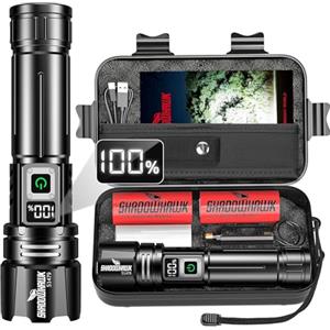 Shadowhawk Torce ad alta potenza 24H Illuminazione | Militare 100000 lumen 30 W Torcia LED Potente Rechargeable(2 batterie 5000 mAh), tattica per campeggio/emergenze/escursionismo, schermo LCD e IP67