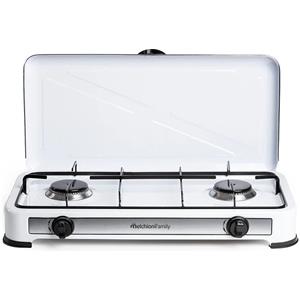 Melchioni Family | Fornello a Gas da Campeggio MINERVA 2 con 2 Fuochi, Fornelletto GPL Portatile con Coperchio, Griglia e Fuochi Removibili, Bianco