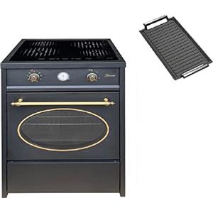 GURARI fornello a vetro ceramika a libera installazione GCH E 612 BL r + piastra in ghisa, fornello a induzione retrò 60 cm, 8 funzioni, aria calda, grill, 4 zone di cottura, 4x booster