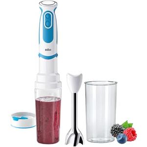 Braun MultiQuick 5 Vario Fit MQ5251WHBL, Frullatore a Immersione con Asta in Acciaio Inox, Minipimer con Accessorio Blend & Go per Frullati da Asporto, 1000W, Bianco/Blu