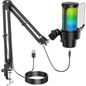 Anykuu Microfono Gaming RGB Microfono PC USB Plug & Play Kit per PC/MAC/PS4/PS5 Microfono a Condensatore con Filtro Anti-Pop e Supporto Antiurto Tocco Muto per Streaming Podcast Studio
