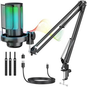 Anykuu Microfono a Condensatore RGB 7 Colori Plug & Play Microfono Cardioide 192kHz/24-Bit Kit Microfono USB con Filtro Anti-Pop e Supporto Antiurto per PC Gaming Mac YouTube