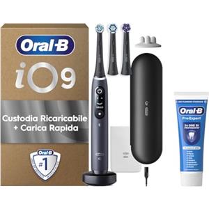 Oral-B iO 9 Spazzolino Elettrico Ricaricabile, con 3 Testine di Ricambio, Nero - 3 Testine di Ricambio per Spazzolino Elettrico, Custodia da Viaggio + 1 Dentifricio Pro Expert, Pulizia Denti Efficace
