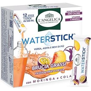 L'Angelica, Waterstick Brucia Grassi, Gusto Passion Fruit e Pesca, Con Moringa, Cola, Zero Zucceri, Zero Calorie, Vitamine, Minerali, 1 Astuccio da 12 Stick