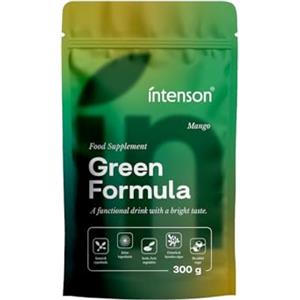 Intenson Green Formula Mango, Super Greens in Polvere, Superfood Blend con Chlorella, Spirulina, Ashwagandha con OPC e Moringa, Senza Zucchero, Naturalmente Dolcificato, Bevanda Funzionale, 300 g