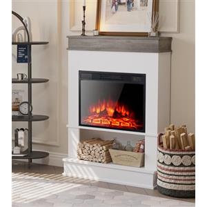 M.C.Haus Camino Elettrico con Ripiano, Caminetto da 23"/58cm Inserito, Ripiano Aperto e Piano D'appoggio, Caminetto con Finitura in Legno di Ingegnere, Rovere Rustico e Bianco