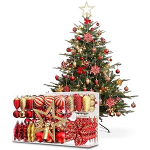 Wintem - Kit Addobbi Albero di Natale 106 Pezzi in Rosso e Oro con Palline, Fiori e Stelle Infrangibili per Addobbi Natalizi Coordinati, Facili da Appendere e Riutilizzare
