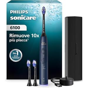 PHILIPS Spazzolino elettrico Philips Sonicare serie 6100 - tecnologia Next Generation Sonicare, sensore di pressione, 6 impostazioni, SmarTimer, BrushPacer, autonomia 21 giorni, custodia, blu navy, HX7403/07