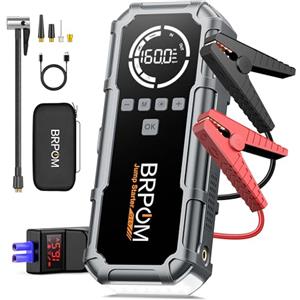 BRPOM Avviatore Batteria Auto con Compressore 160 PSI, 9000A Avviatore Emergenza per Auto/Moto 12V（Tutti Gas 12L Diesel）Booster Avviamento 600LUMEN LED/Ricarica USB-C