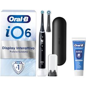 Oral-B iO 6 Spazzolino Elettrico Ricaricabile, con 2 Testine di Ricambio, Nero - 2 Testine di Ricambio per Spazzolino Elettrico, Custodia da Viaggio + 1 Dentifricio Pro Expert, Pulizia Denti Efficace