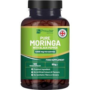 PH PROWISE Healthcare Foglie di Moringa pura 4000 mg per porzione con aggiunta di pepe nero 120 capsule vegane | Integratore di foglie di Moringa Oleifera | 100% naturale - Senza leganti o riempitivi sintetici