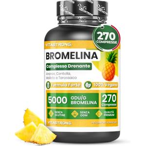 Vitastrong. Vitastrong Bromelina Extra Forte Drenante 5000 GDU/g+2500 GDU/g, Estratto di Ananas, Integratore Bromelina e Centella, Tarassaco e Meliloto, 270 Compresse Vegan, Bromelain Senza Glutine, Lattosio, OGM