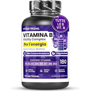 Vitastrong. Vitamina B Complex Alto Dosaggio, 180 Compresse Vitamine Gruppo B di Biotina, Tiamina B1, Riboflavina B2, Vitamina B3 Niacina, B5 Acido Pantotenico, B6, Vitamina B12 e Acido Folico