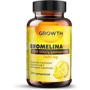 GROWTH NUTRACEUTICS BROMELINA 5000 GDU/g - 240 Compresse Integratore di Bromelina da Ananas - Supporto Drenaggio Liquidi e Benessere Digestivo - Gambe Leggere, Gonfiore Addominale, Formula Vegana e Alta Qualità