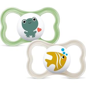 MAM Air Succhietto 16+ Mesi (Set da 2), Ciuccio MAM 16-36 mesi per pelli sensibili e delicate, Kit da 2 accessori neonato con tettarella in silicone e porta ciuccio sterilizzatore, Neutro/Verde