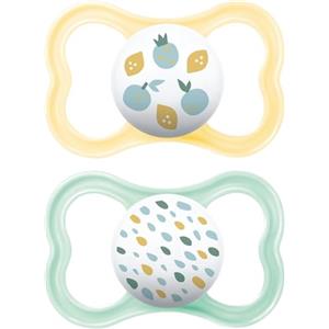 MAM Air Succhietto 6-16 Mesi (Set da 2), Ciuccio MAM 6-16 mesi per pelli sensibili e delicate, Kit da 2 accessori neonato con tettarella in silicone e porta ciuccio sterilizzatore, Neutro/Verde
