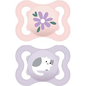MAM Air Succhietto 2-6 Mesi (Set da 2), Ciuccio MAM 2-6 mesi per pelli sensibili e delicate, Kit da 2 accessori neonato con tettarella in silicone e porta ciuccio sterilizzatore, Rosa/Viola