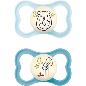 MAM Air Succhietto 16+ Mesi (Set da 2), Ciuccio MAM 16-36 mesi che si illumina al buio, Kit da 2 accessori neonato con tettarella in silicone e porta ciuccio sterilizzatore, Azzurro/Verde