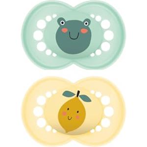 MAM Original Succhietto 16+ Mesi (Set da 2), Ciuccio MAM 16 36 mesi con tettarella ortodontica in caucciù, Kit da 2 accessori neonato con pratico porta ciuccio sterilizzatore, Verde/Giallo