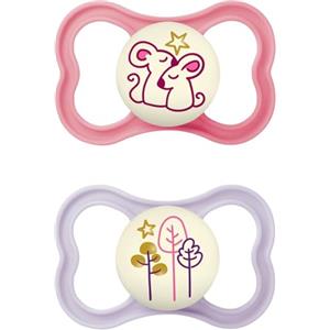 MAM Air Succhietto 16+ Mesi (Set da 2), Ciuccio MAM 16-36 mesi che si illumina al buio pelli sensibili, Kit da 2 accessori neonato con tettarella in silicone e porta ciuccio sterilizzatore,Rosa/Lilla