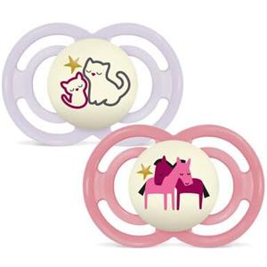 MAM Perfect Night Confezione Doppia Succhietto 16+ Mesi (Set da 2), Ciuccio MAM 16 36 mesi silicone che si illumina al buio, 2 accessori neonato per lo sviluppo orale con porta ciuccio, Rosa/Giallo