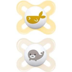 MAM Original Start Succhietto 0-2 Mesi (Set da 2), Ciuccio MAM 0-2 mesi con tettarella ortodontica in caucciù, Kit da 2 accessori neonato con porta ciuccio sterilizzatore, Giallo/Neutro