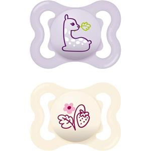 MAM Air Succhietto 2-6 Mesi (Set da 2), Ciuccio MAM 2-6 mesi per pelli sensibili e delicate, Kit da 2 accessori neonato con tettarella in silicone e porta ciuccio sterilizzatore, Lilla/Rosa