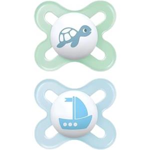 MAM Original Start Succhietto 0-2 Mesi (Set da 2), Ciuccio MAM 0-2 mesi con tettarella ortodontica in caucciù, Kit da 2 accessori neonato con porta ciuccio sterilizzatore, Verde/Azzurro