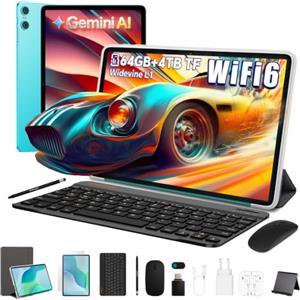 TECLAST P33 Tablet 10 Pollici con 10 Accessori Android 15 Gemini AI, 64GB ROM+4TB TF, WiFi 6, BT 5.4, Octa-Core 2GHz, Widevine L1, GMS, Tastiera+Mouse+Custodia+Supporto+Auricolari, Azzurro lago