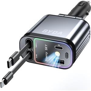 BYDA Caricabatteria da auto retrattile USB C 4 in 1, 69 W con luce stellata, ricarica rapida per iPhone 16/15/14/13/12, iPad,Android,adattatore accendisigari (Lightning+USB C & Red Light)