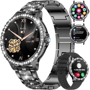 LIGE Orologio da donna Bluetooth chiamate per Android iOS 1,32" HD Full Touch Screen da donna, orologio fitness con diamanti neri in acciaio inox, frequenza cardiaca, monitoraggio del sonno