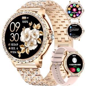 LIGE Smartwatch donna Bluetooth chiamate per Android iOS 1.32" HD Full Touch Screen Smartwatch Diamante Acciaio Oro Rosa,Frequenza Cardiaca,Monitor del sonno, Pedometro, Calorie,100+ Modalità Sport