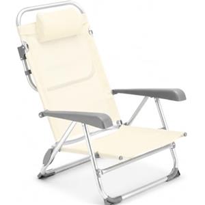 BAKAJI Spiaggina Pieghevole Portatile Schienale Reclinabile Sdraio con Struttura Tubolare in Alluminio Rivestimento Tessuto Textilene Poggiatesta Imbottito per Spiaggia Mare Campeggio (Beige)