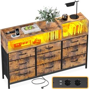 ODK Cassettiera Camera da Letto, Comò Camera da Letto con 2 Prese, 2 USB e 10 Strisce LED Colorate, Cassettiera con 9 Cassetti in Tessuto per Camera da Letto Soggiorno, 130 * 30 * 97cm